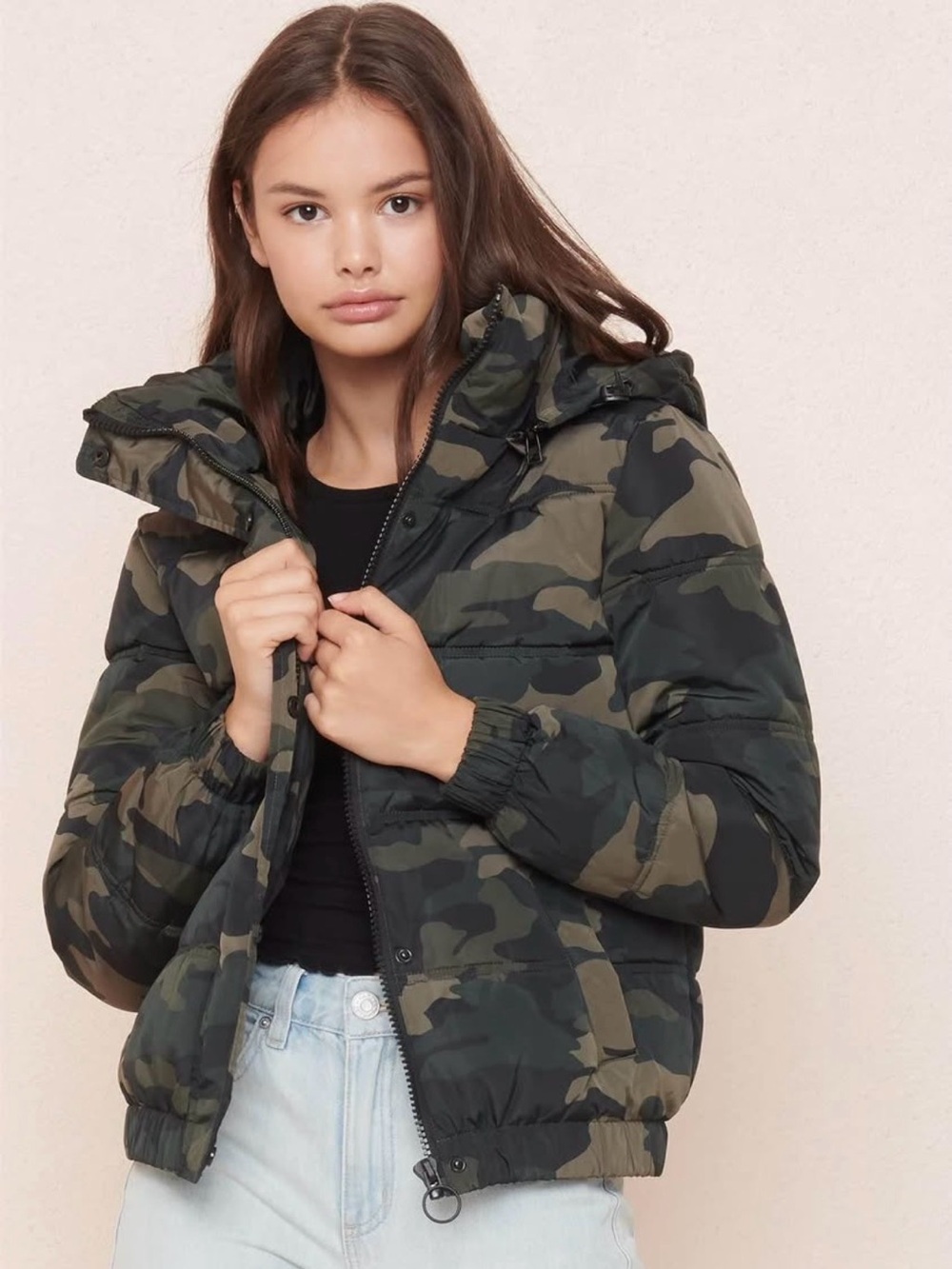 Garage Hooded Camouflage Puffer Jacket - Green Camo XS
